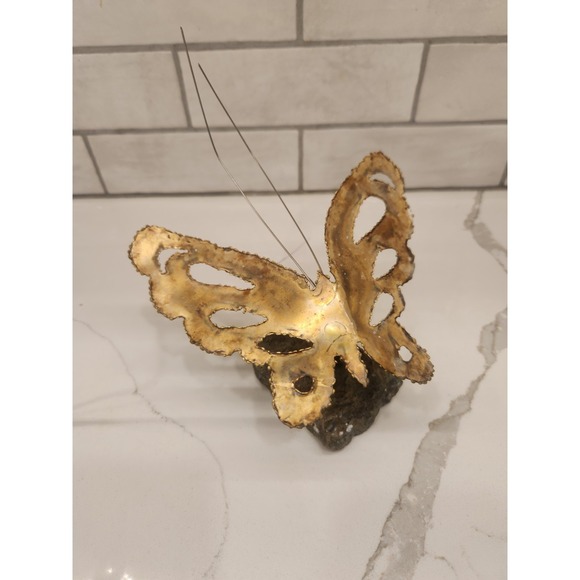 Other - MCM Brutalist Kinetic Metal‎ Art Sculpture Brass Butterfly on Real Rock Stone